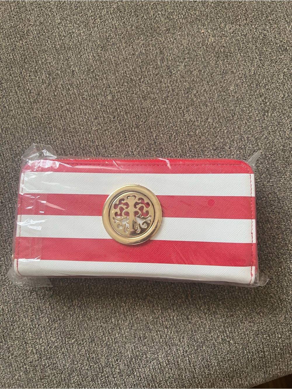 Unk Red and White Striped Wallet with Gold Medallion